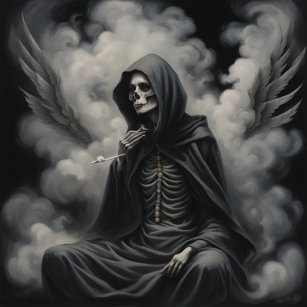 women sitting on a dark background. Her their face turned upwards and blows cigarette smoke from their mouth, The dominant colors are black and gray. It depicts a figure with wings emerging from its back. a hooded skeleton can be seen behind the clouds of smoke.