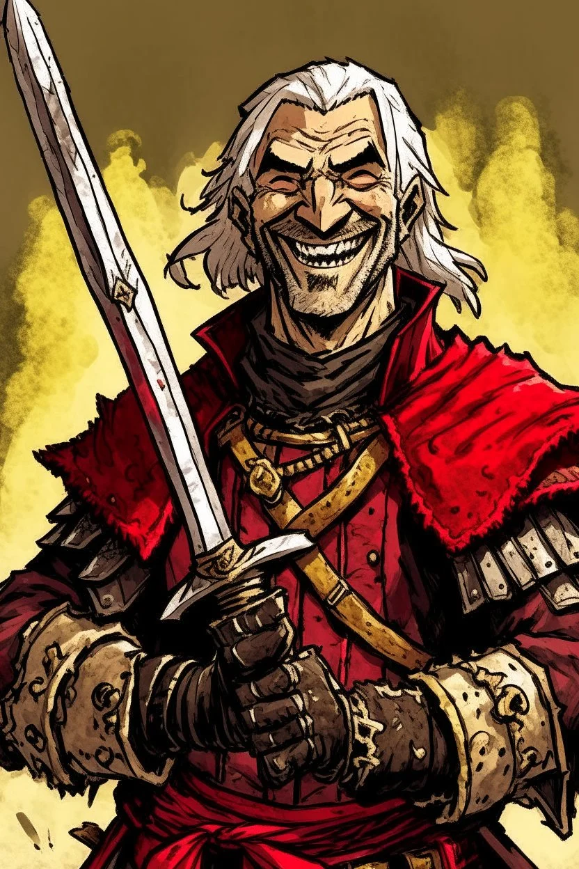 Strand von Zarovich smiling, holding a bloodied sword