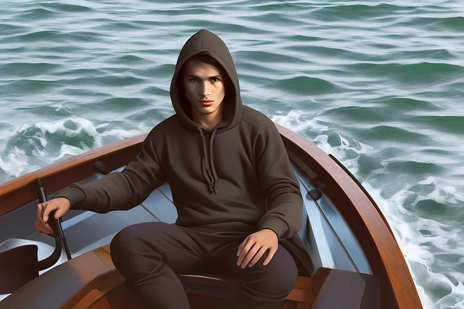 Modern man in a boat wearing hoodie by Andrea del Sarto