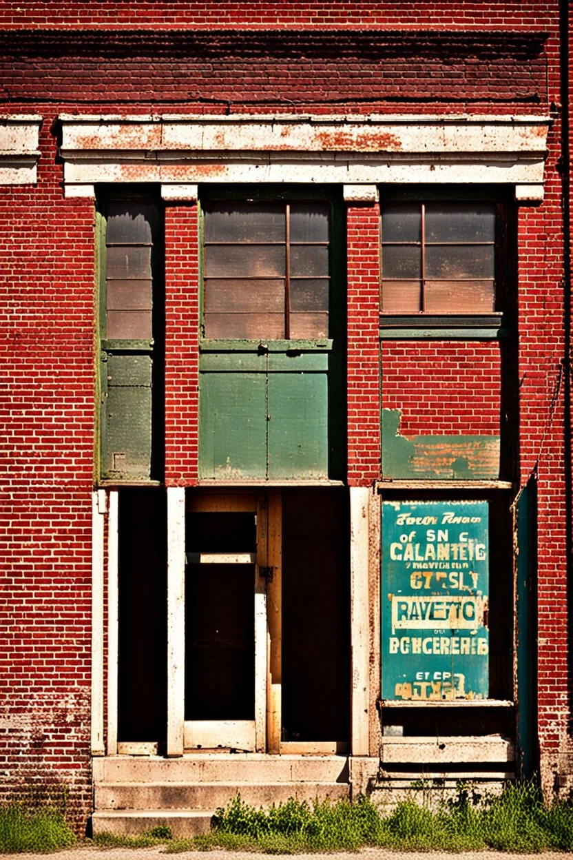 side of an old brick building, with windows, a doorway at the bottom, and worn out painted sign across the top