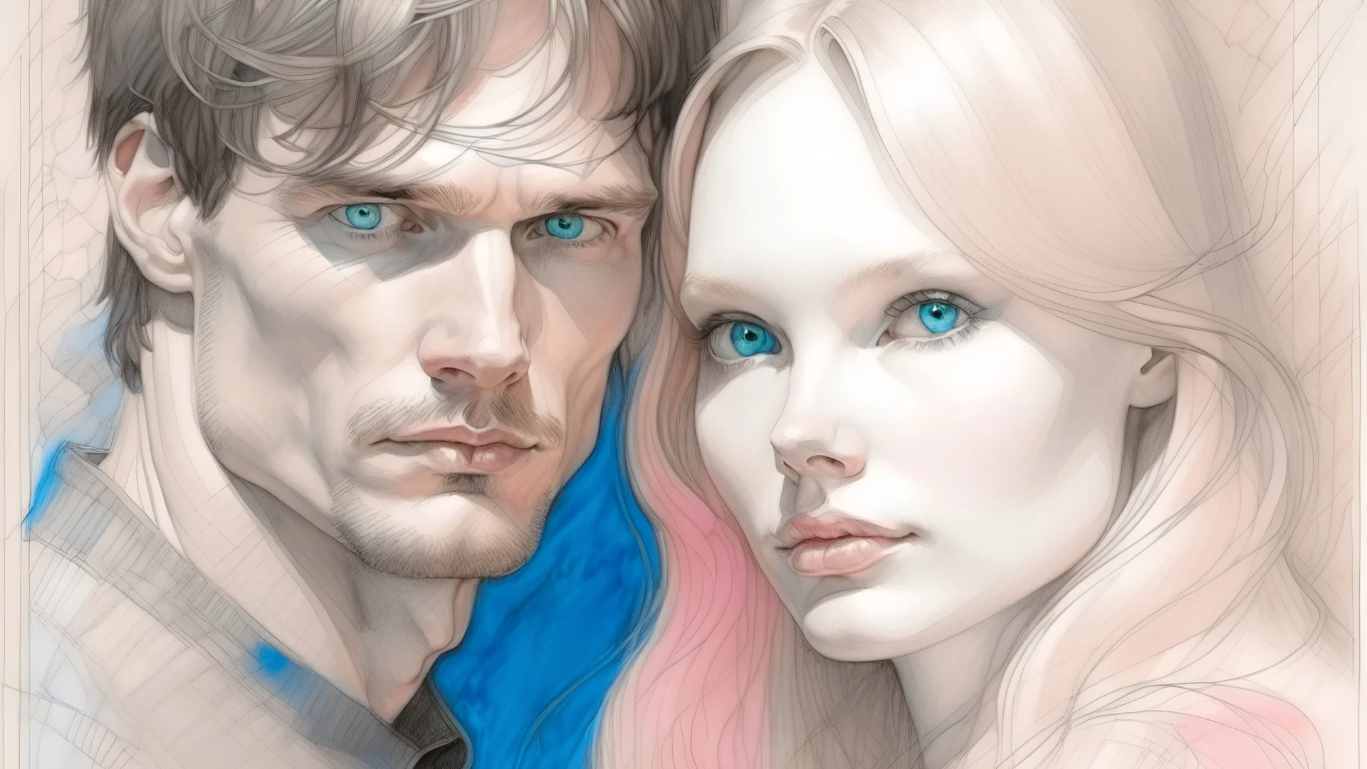 portrait of a man and a blonde woman, love, charcoal, pencil, pink lips, blue eyes, fine drawing, hand with a brush