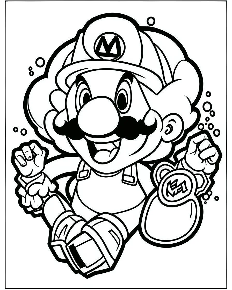 outline art for Mario Vs Goomba coloring page, Japanese manga style, cartoon style, cute face, white background sketch style, full body is a must, only use outline, clean line art, no shadow, bold outline