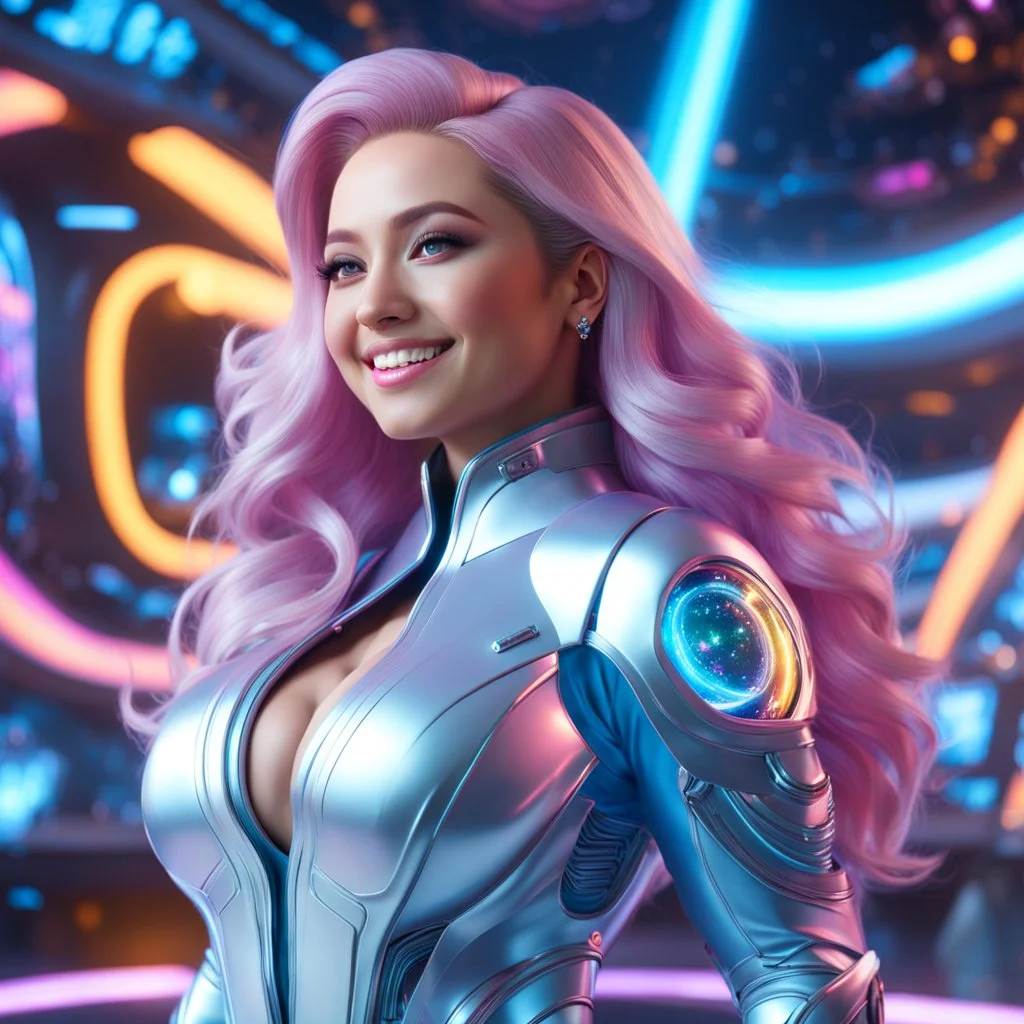 (masterpiece, best quality, 8k, RAW photo, beautiful and aesthetic:1.2), complex detail, Indirect light, photorealistic, (((full body))), Cosmic Baby corp boss style smiling, Long clear curvy hair, colorfull Sci-Fi environment