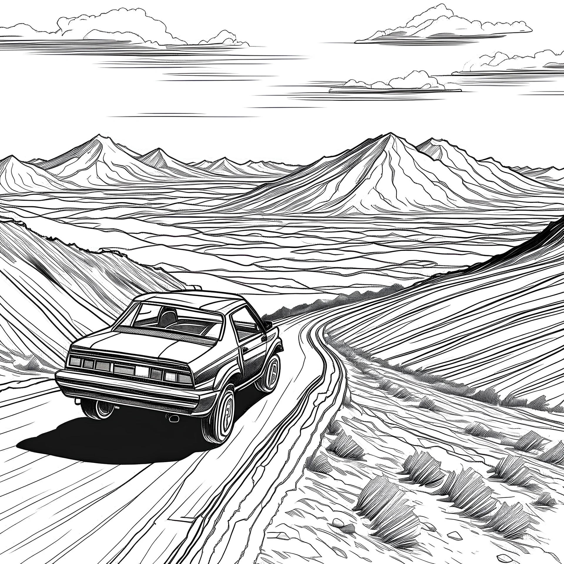 a view from above of a tight mountain road, other high mountain peaks in the distance. a "1989 ford fiesta" driving on a dirt road, drifting at high speed and kicking dust. Car is driving away from the viewer. alpine high mountains. feeling of velocity. clean line art, coloring book page, white background, 2d