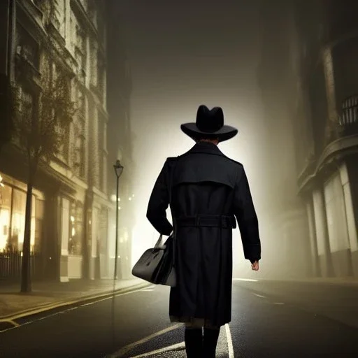 a man wearing a trench coat and hat walking down the street of london, lots of fog, dramatic, dramatic lighting, volumetric lighting, hyperrealism, 8k, high quality, photorealistic, lot of details