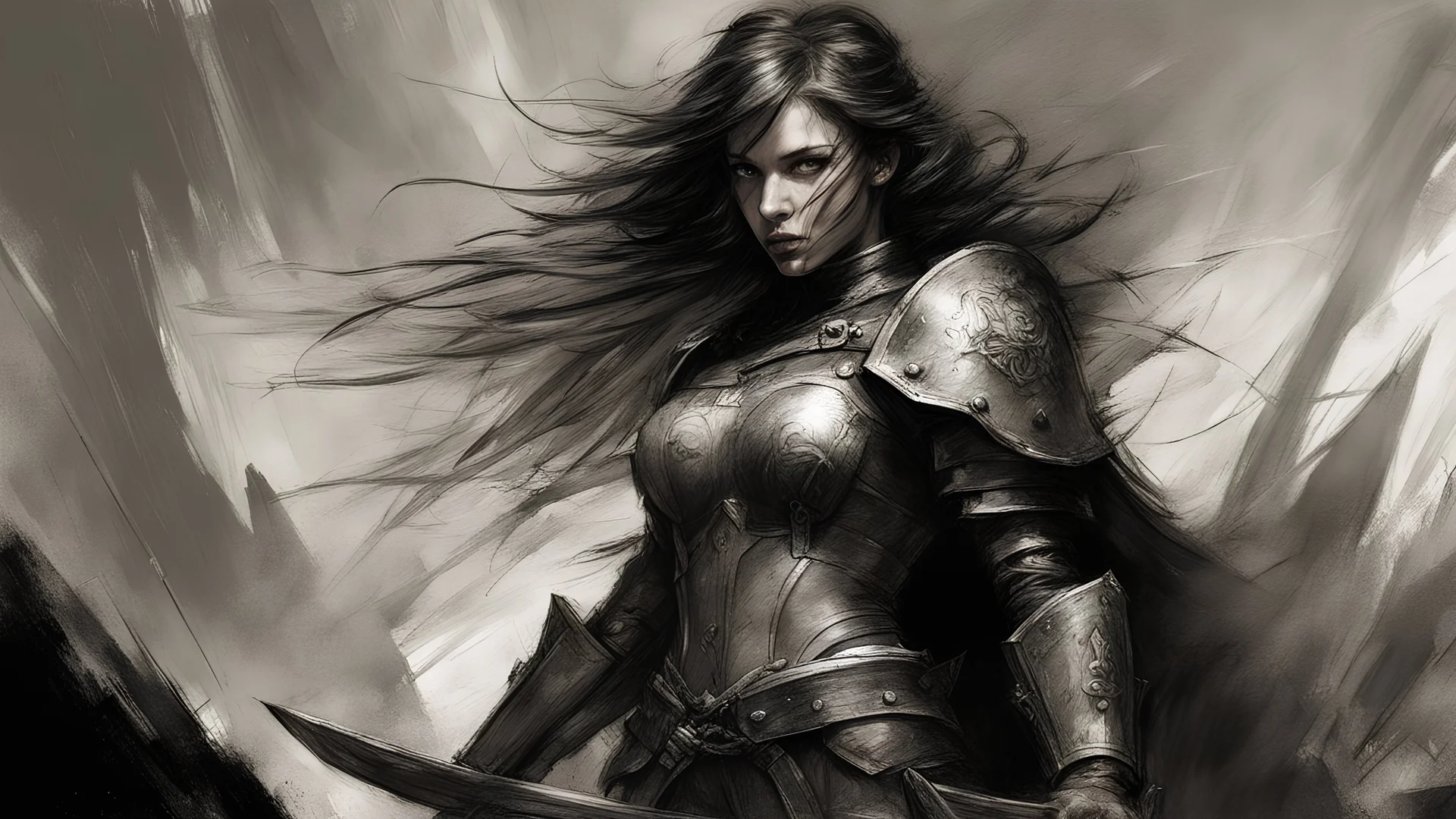 A stern girl warrior, Against the background of the great battle, horror and fear, black pencil, oil, Raymond Swanland