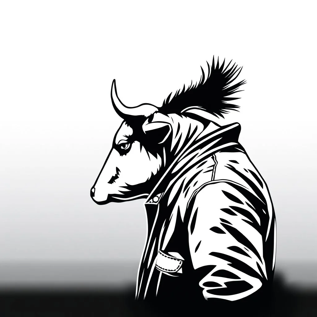 side silhouette of a cow with a mowhawk wearing a leather jacket, black and white vector