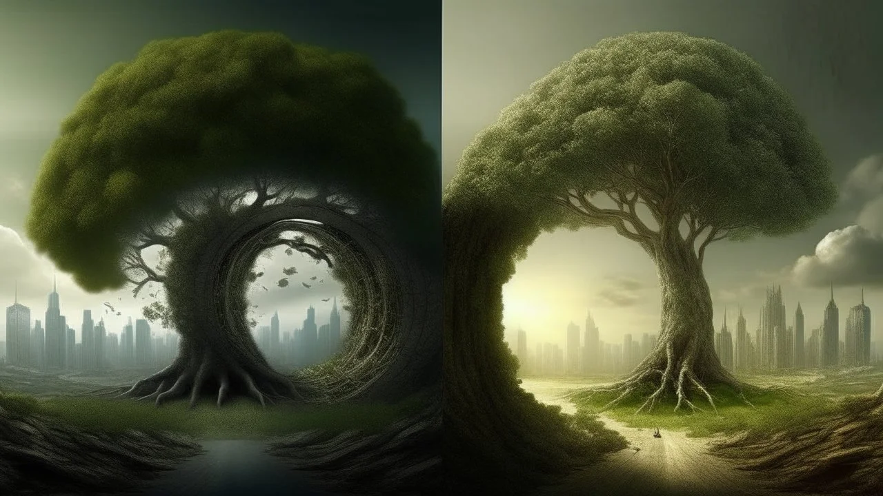 the last tree on earth, portal to a space near the tree on the left, on the right city of the future year 4222, very realistic,