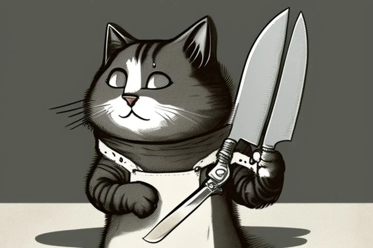 Cat smiling with a bloody knife. Illustration.