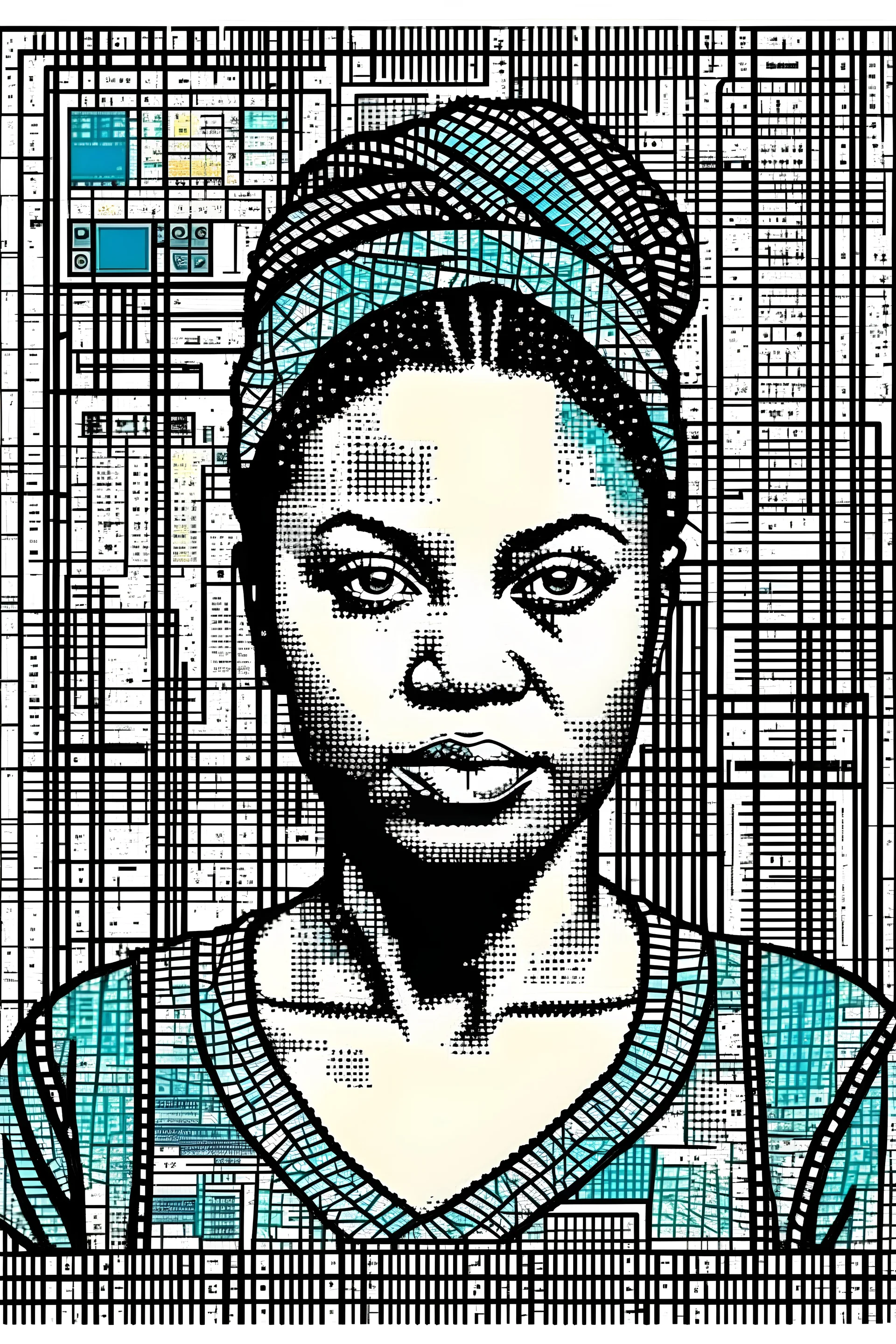 a mixed media portrait of a female african american computer programmer, digital art, screen print, wheat paste poster