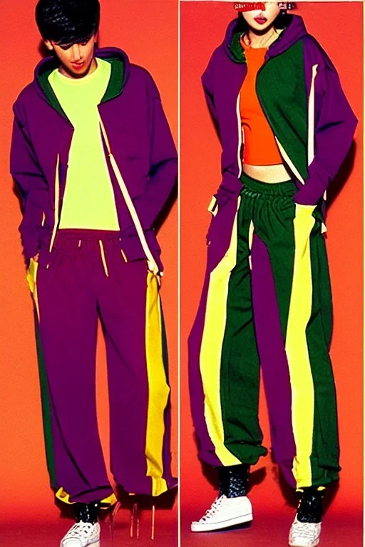 year 1999 women fashion, Techno, rave, Loose, straight, suit, low waist Combat pants, t-shirt, new kind of hoodie with high tippet! Colors: all denim colors, purple, khaki, light green, lilac, plum, orange, terracotta, red, pink, dark blue, beige. Patterns: lynx, balls, stripes. lynx belt. starling or owl prints. Women models. Sharon Stone, Sandra Bullock, Winona Ryder, Milla Jovovich, Big tennis shoes on. Latex, denim and leather e.g. in Leg warmers.