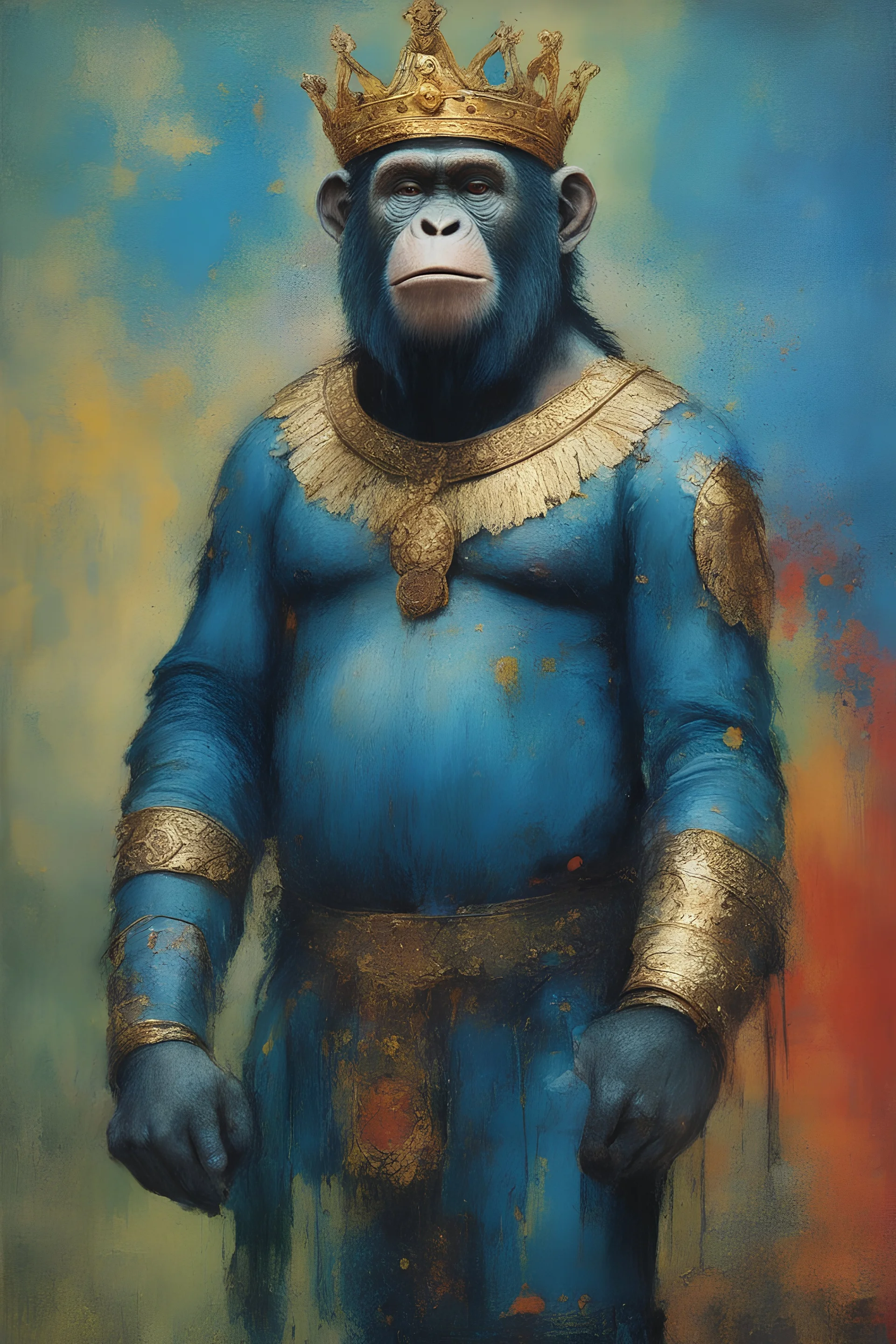 The great Caeser, the chimpanzee KING of the apes from Planet of the Apes wearing royal, kingly garb, a well-pressed and clean blue-green tunic and trousers, knee-high black boots and a gold crown - extremely colorful, multicolored paint splattered wall in the background, oil painting by Leonardo da Vinci