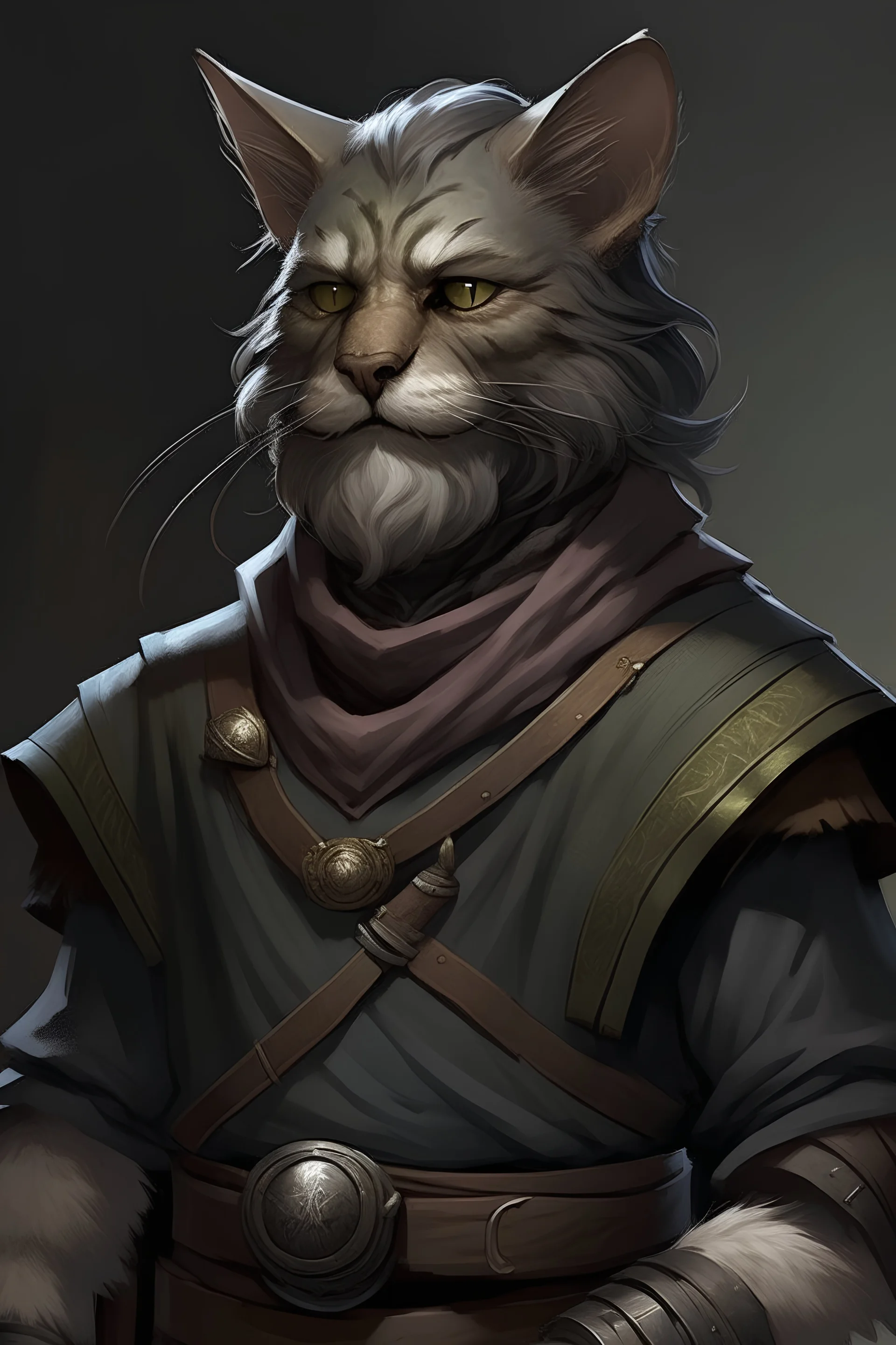 grey scruffy old man Tabaxi khajit with wizened beard with crocked and bent whiskers scout rogue wearing leather armor