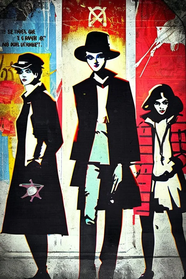 Design a detective book cover for teenagers. A teenage punk girl-detective in the centre, one boy on her left, and one on her right are on the town street. Black cat. Banksy style, pop art style, mysterious atmosphere,