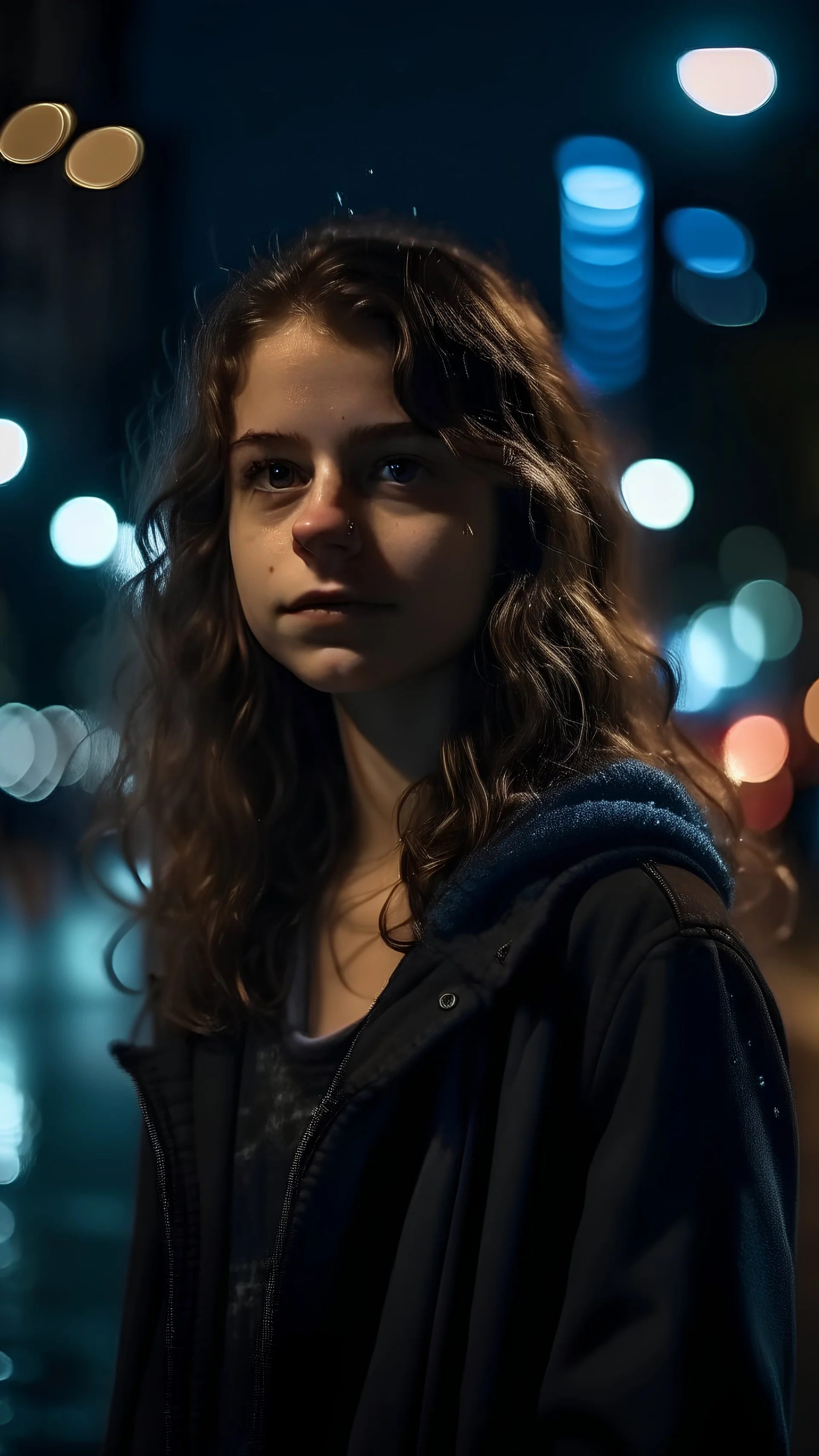 young girl in the city by night