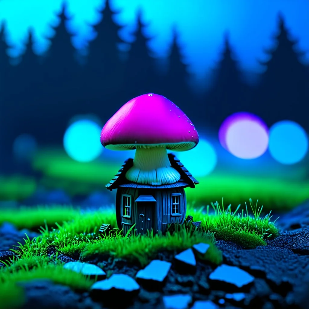 "Close up of a wonderful tiny Mushroom Tower home. Magenta and green with bright white, deep black and contrasting tones of gray magenta and violet colors. Illuminated bioluminescent forest. Professional painter, master at composition. small but detailed. broken, blurred background, voluminous lighting"