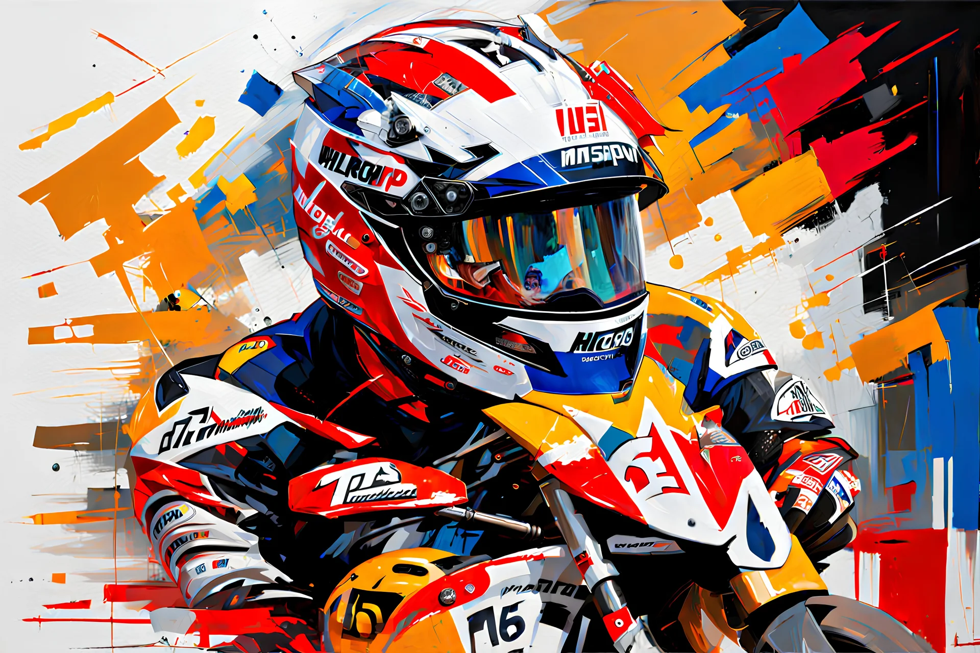 abstract oil brush datailed painting, helmet MotoGp collection in garage. by DEREK GORES black-red-gold. artistic style Willem Haenraets , datailed -high resolution, Afremov, colorful in Kal Gajoum style