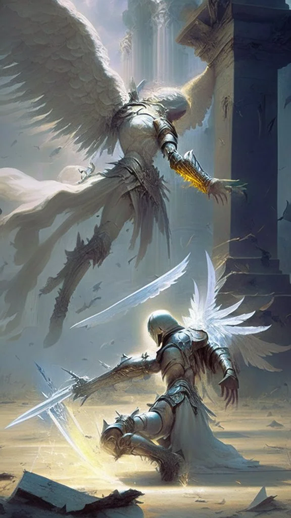 angel reaching a dead paladin, battlefield in the background