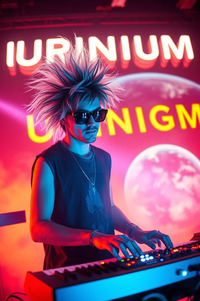 French cool synth player with crazy techno acid hair, he is called "Jean-Maurice Brûlée" performing at dance club, his name is "Jean-Maurice Brûlée" , white and orange Neon lights and oraNGE smog, and "URINIUM" big sign on the wall, he is playing on synthesizers on stage with lot of laser beams and wearing black sunglasses, an earth is projected in background