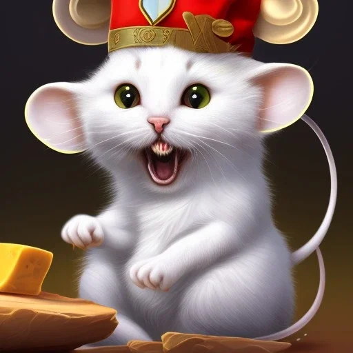 A small flurry mouse, sitting on the head of a cat, the mouse is eating cheese cartoon, artstation, unreal engine, clipart