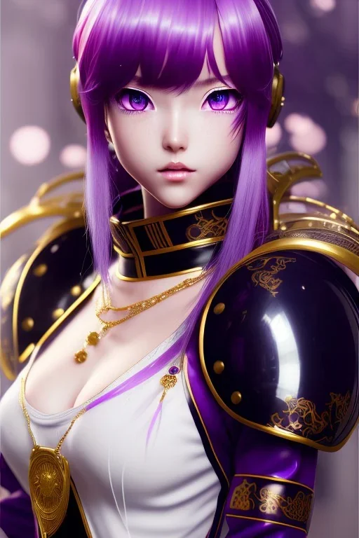 Detailed cute anime Kunoichi girl, purple hair buns, purple bangs, black latex bodysuit, intricate details, full body portrait, keep head in frame, slight smile, black Japanese motif, concept art, highly detailed, digital painting, concept art, sharp focus, illustration, art by Yoji Shinkawa, WLOP and greg rutkowski and alphonse mucha and artgerm and yanjun Chen and Junji ito and Makoto Shinkai, HDR, octane render