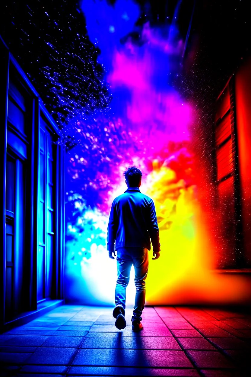 Young man walking away from a building that is exploding at night, with coloured auras all around him