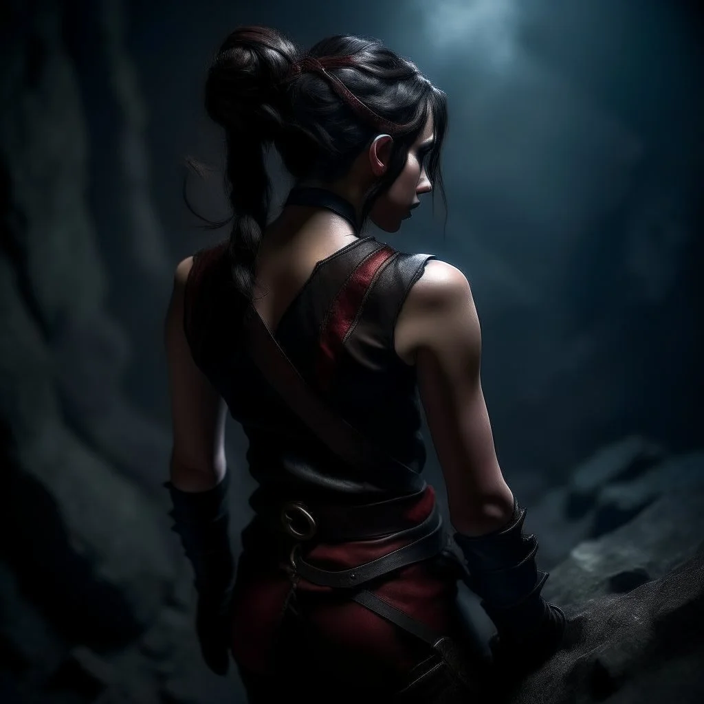 a beautiful tiefling woman with dark hair in a sleeveless battle outfit, seen from the back, at the edge of a precipice in the dark, ready to jump, photo quality, dark colors