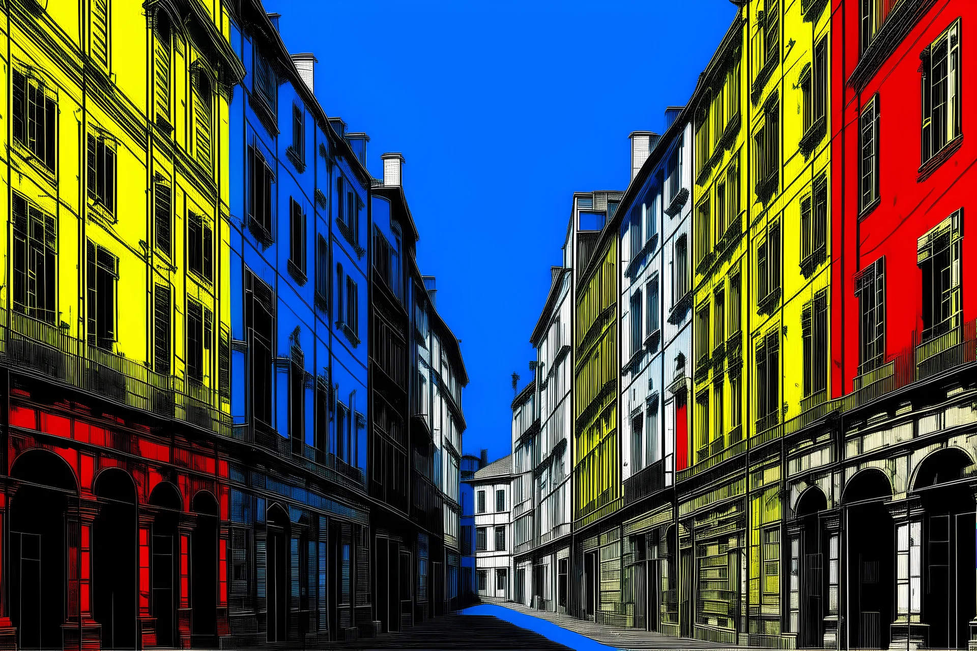 generar una imagen tipo xilografia calles de roma en 3 colores un hotel rojo, azul y amarillo