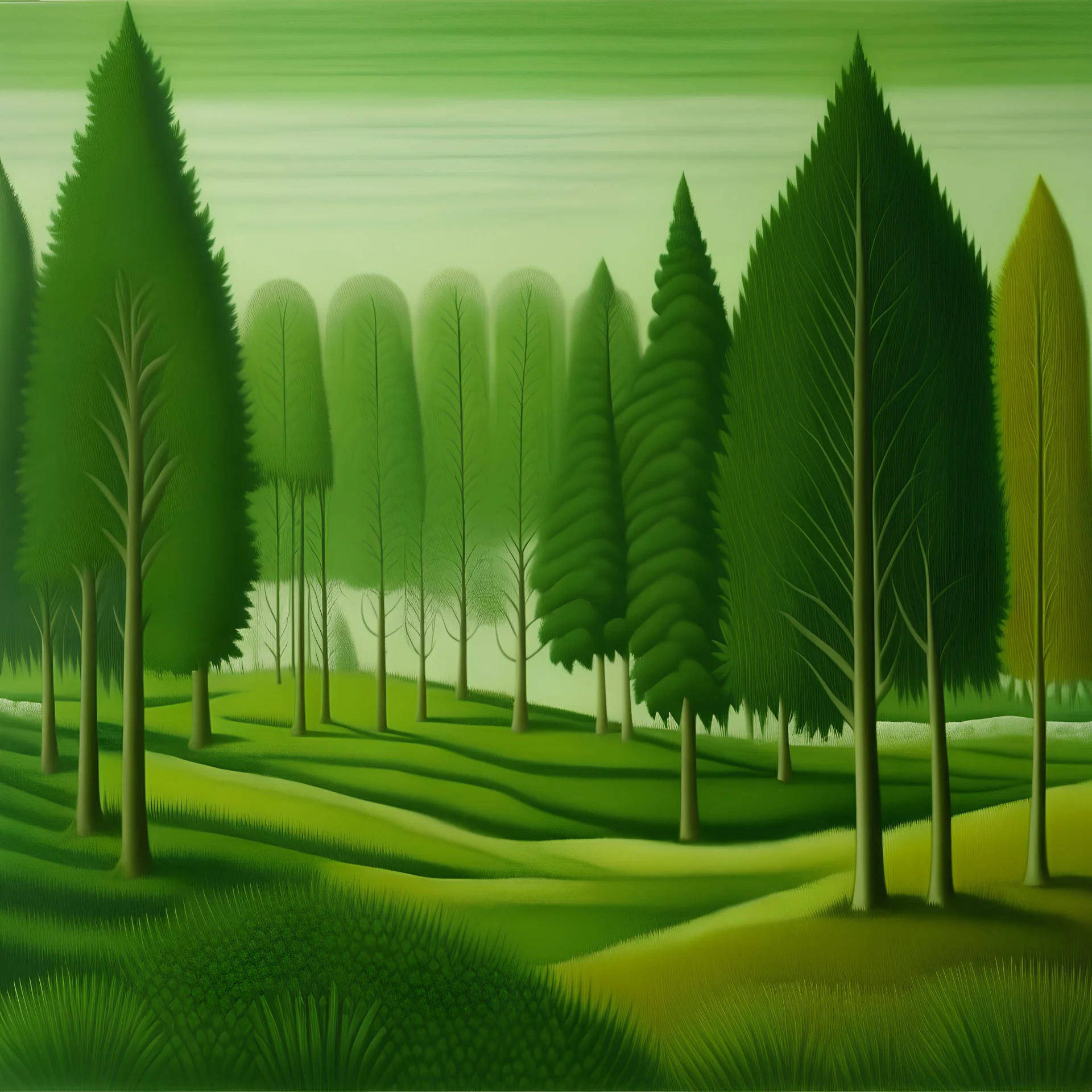 A green plain filled with evergreen trees painted by Henri Rousseau