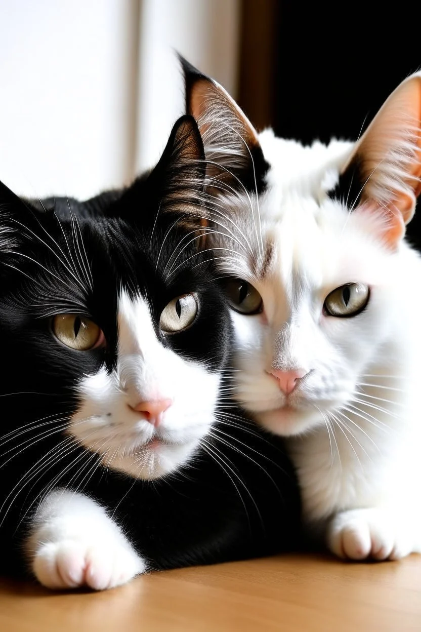 one black and one white cat lieing down to together