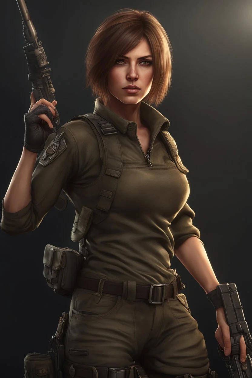 12k wallpaper of Arina- 34 years old woman, mercenery, fierce and stunning, Bobcut brown hair, athletic, wearing combat clothes- HDR quality - trending in artstation, ultra realistic, highly detailed neck, highly detailed face