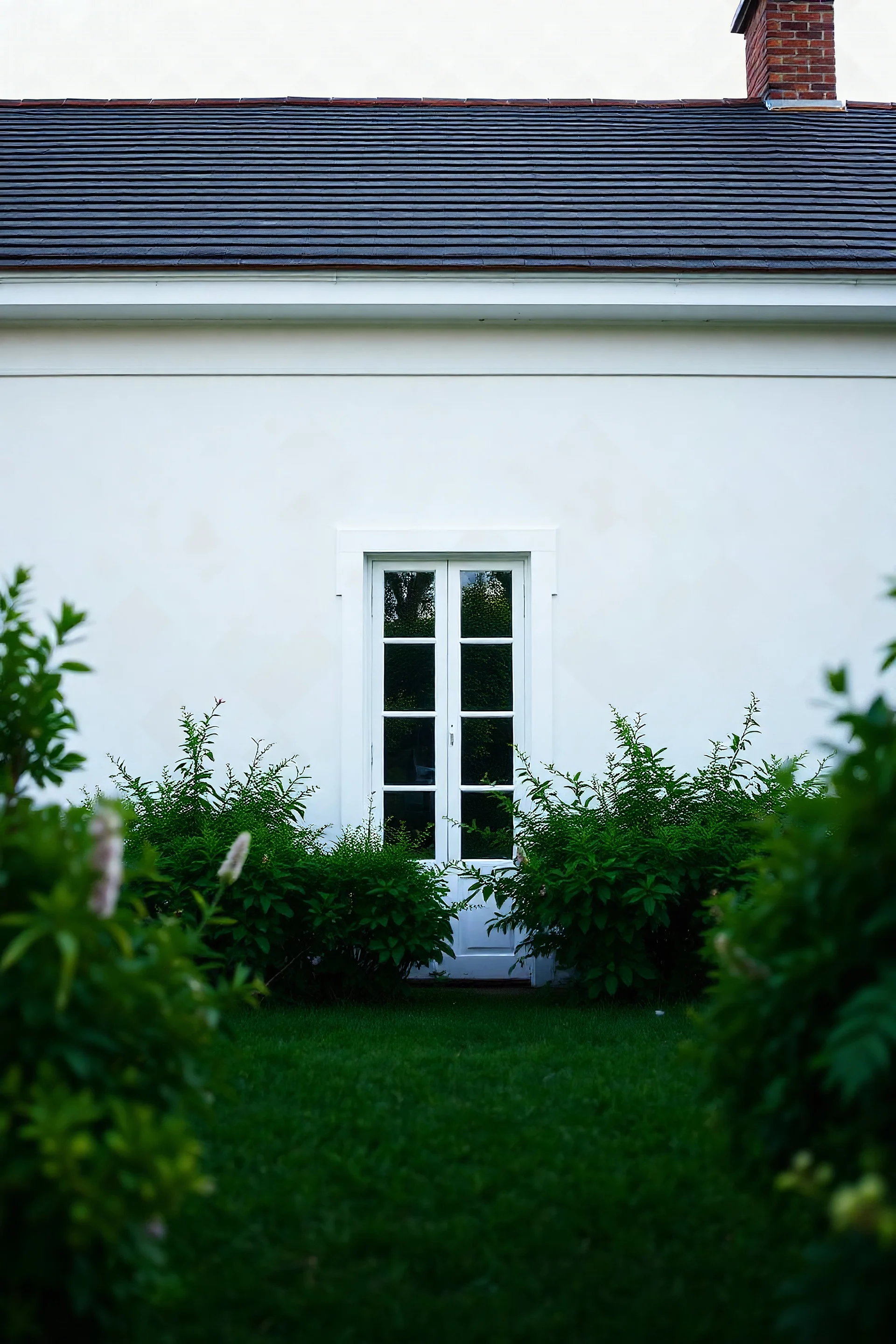 realizza il retro di una casa bianca con un giardino e la prospettiva viene dal giardino all’ interno . c’è solo una finestra senza porte e al di fuori ci sono due lampioni