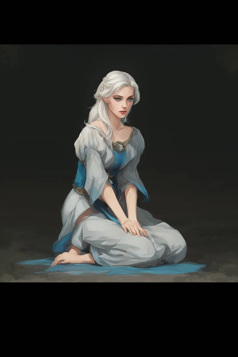 Dnd character on her knees. A female Aaismar twilight cleric with white hair and blue eyes, wearing gray robes. Etreal, beautiful, sexy, off shoulder dress