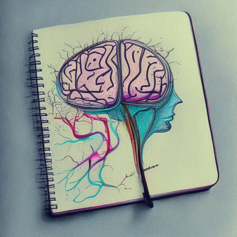 medicine notebook brain illustration, abstract, artistic, digital art, ink on paper
