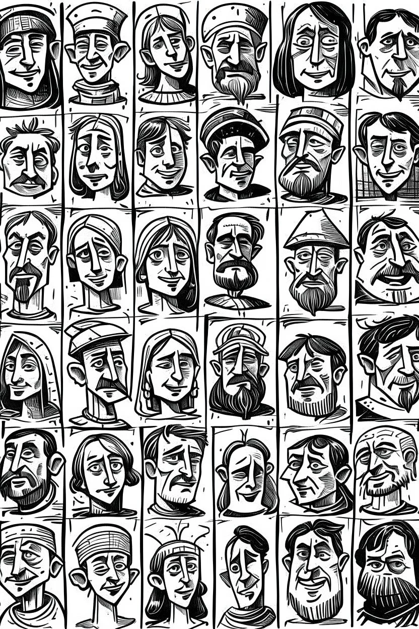 a sheet of paper showing diferent medieval faces of diferent medieval people with diferent expressions, some dramatic, somo happy. the style is minimal black and white stamp. in the sheet there are more than 5. very diverse court memebers and everyday people. man, woman, kids. white background