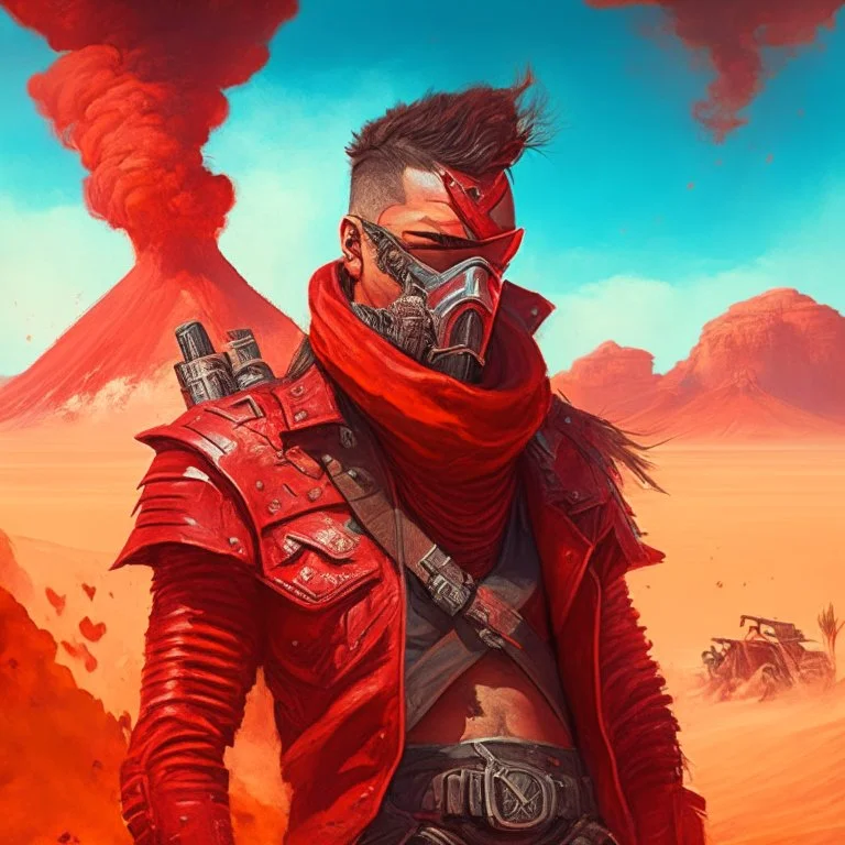 A portrait of a manly man wearing a red armour biker, in a desert with a volcano background. Magic the gathering style art. Diesel punk.