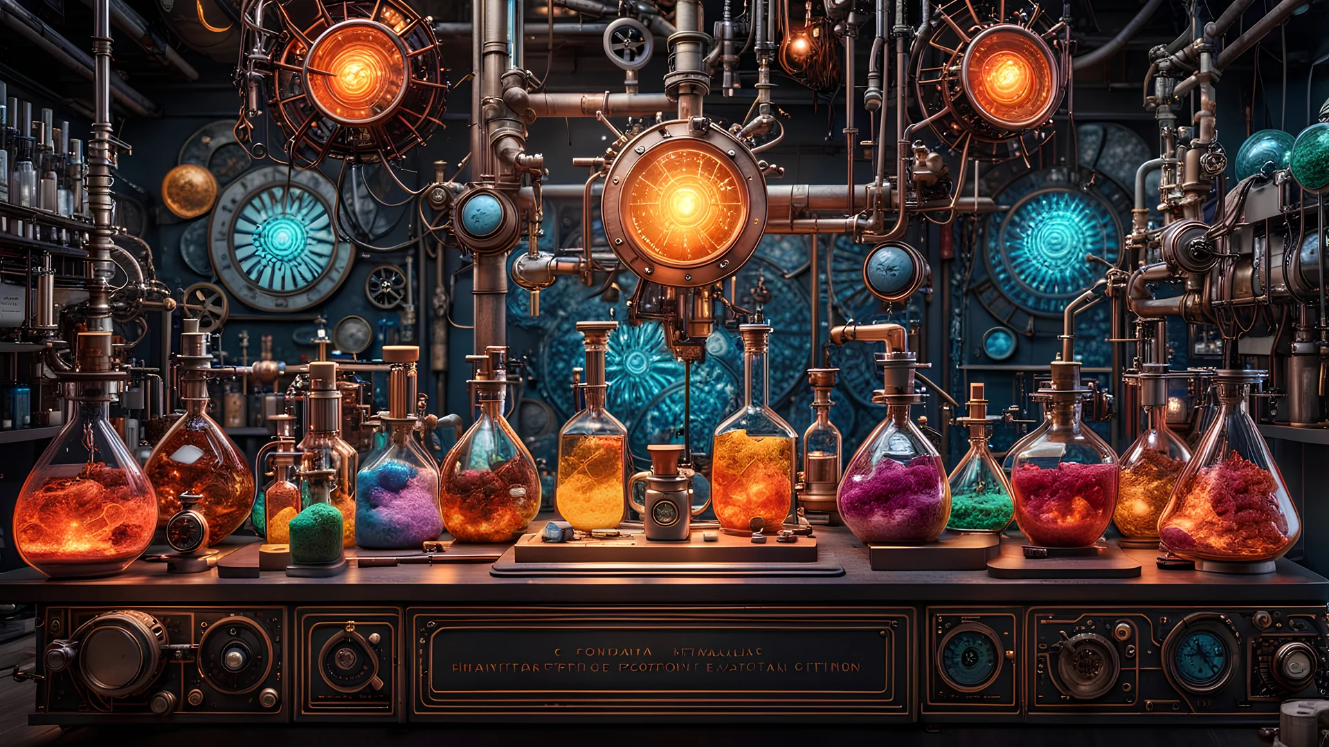 3D rendering of expressively detailed and intricate of a hyperrealistic chemistry laboratory experiment: front view, colorful paint, tribalism, steampunk, shamanism, cosmic fractals, dystopian, octane render, volumetric lighting, 8k post-production, detailed metallic objects, dendritic, artstation: award-winning: professional portrait: atmospheric: commanding: fantastical: clarity: 16k: ultra quality: striking: brilliance: stunning colors: amazing, beautiful, stunning composition