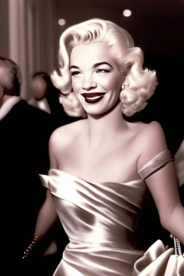 50s movie star queen with blonde hair entering a gala