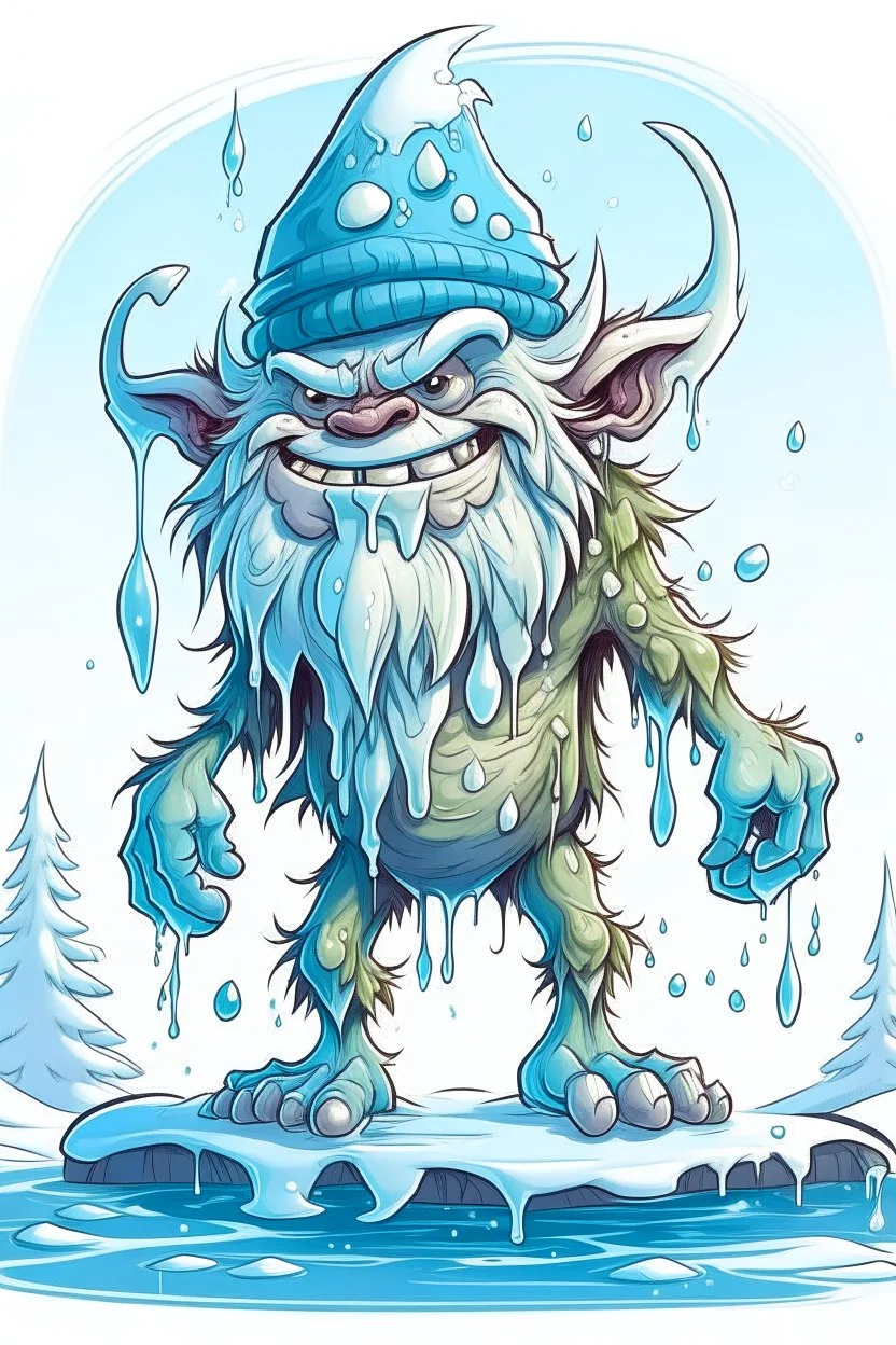 fantasy cartoon style illustration: mischievous Snow Troll. The troll is big, burly creatures with icicles hanging from his long, pointy nose.