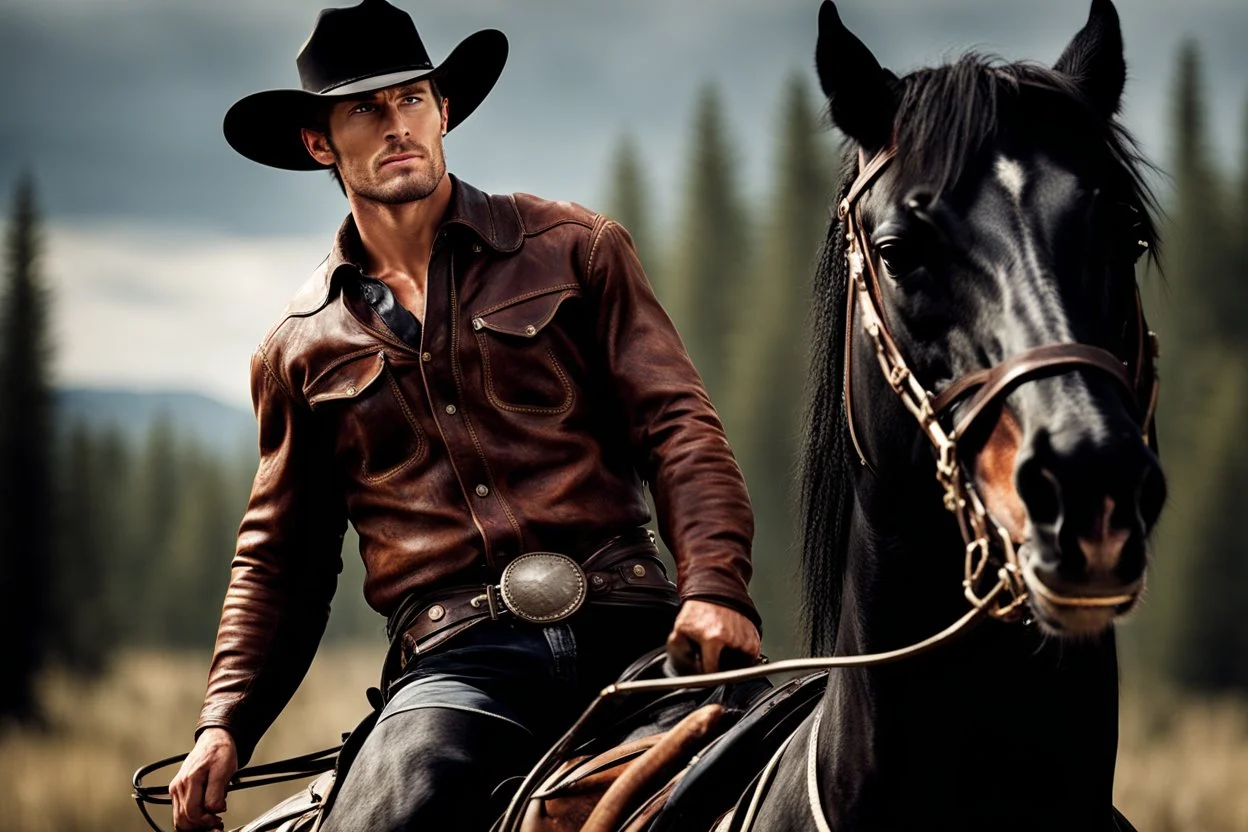 Young rough and rugged muscular cowboy riding a black horse photorealistic