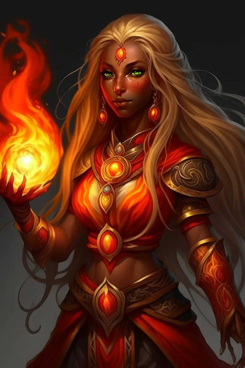 Female eladrin druid with fire abilities. Fire textured long golden hair. dark skin. Big red eyes with touch of fire .