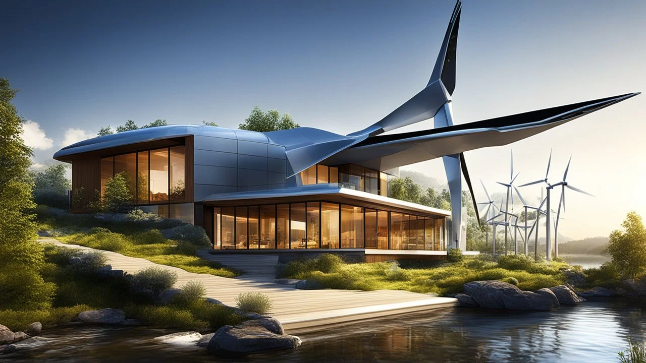 4125. Innovative modern environmentally-friendly home, wind turbines, solar panels, water wheel in river, insulation, scientific experiment, home of the future, automated, spectacular, futuristic, beautiful lighting, attractive composition, photorealistic, extremely detailed, chiaroscuro