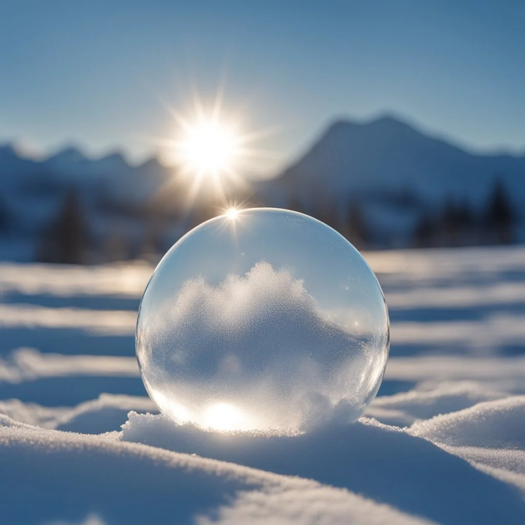 Frozen bubble in front of a snowy mountain landscape, the bubble has wonderful icecrystals and the sun is shining, frozen, cold outside, beautiful small ice flowers in front of the bubble