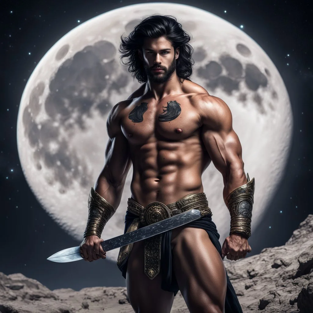 Hyper Realistic Shirtless Muscular Young Handsome king with beard & black hair on moon with his sword in outer space