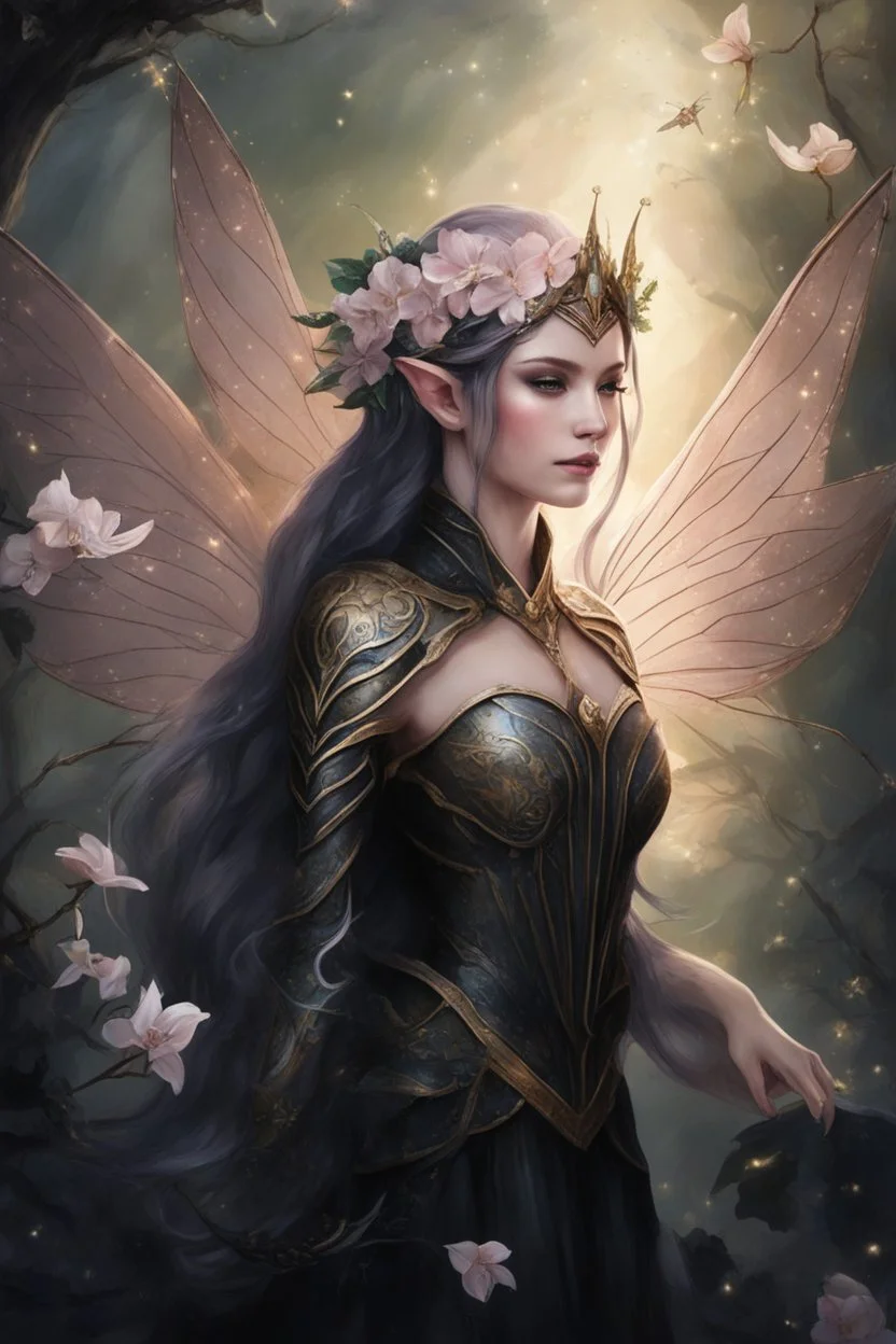 Peach hair ,elven warrior,,Hydrangea,orchids,lilies of the valley,night,peachy hair,rapunzel hair,elven crown,dragonflies,pointed ears,elven ears,dark fairy princess,sparkle,,dark gold armour,fairy wings,,night stars