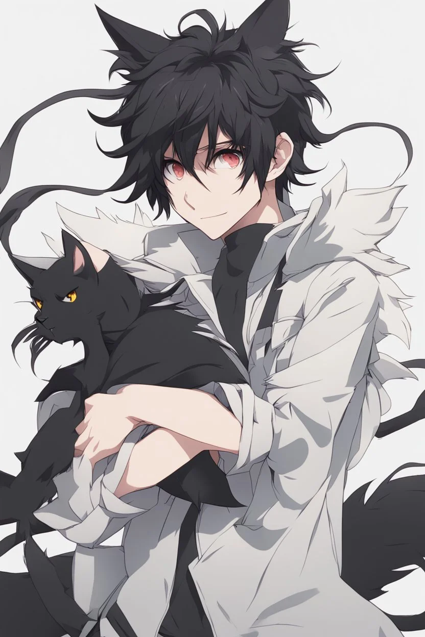 A male anime man with messy black hair, black cat ears and tail