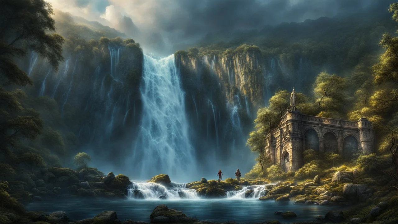 undeads falling from the top of a 3.000 feet high waterfall. fantasy setting, horror. exquisite realism, a masterpiece, fantasy concept art, dynamic lighting, hyperdetailed, intricately detailed, deep color, Unreal Engine, volumetric lighting, Epic cinematic brilliant stunning intricate meticulously detailed dramatic atmospheric maximalist digital matte painting