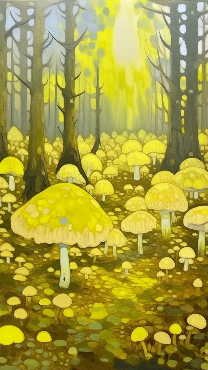 A light yellow forest with glowing mushrooms painted by Piet Mondrian