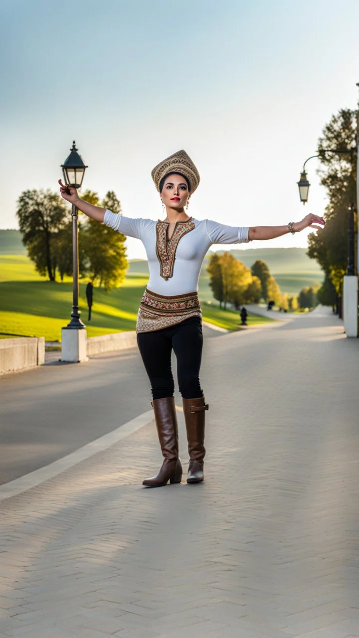 A full-body shot of an azeri lady,long boots,a modern hat