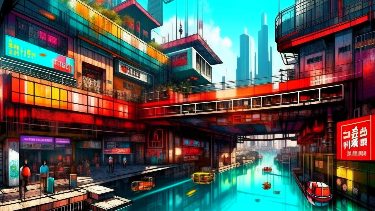 Water-level view of buildings made of reused dirty rusty metal on a futuristic canal junction, cyberpunk, many painted colours, flying boats, balconies, bridges, people, shopping, eating, walking, fifth element, ghost in the shell, altered carbon